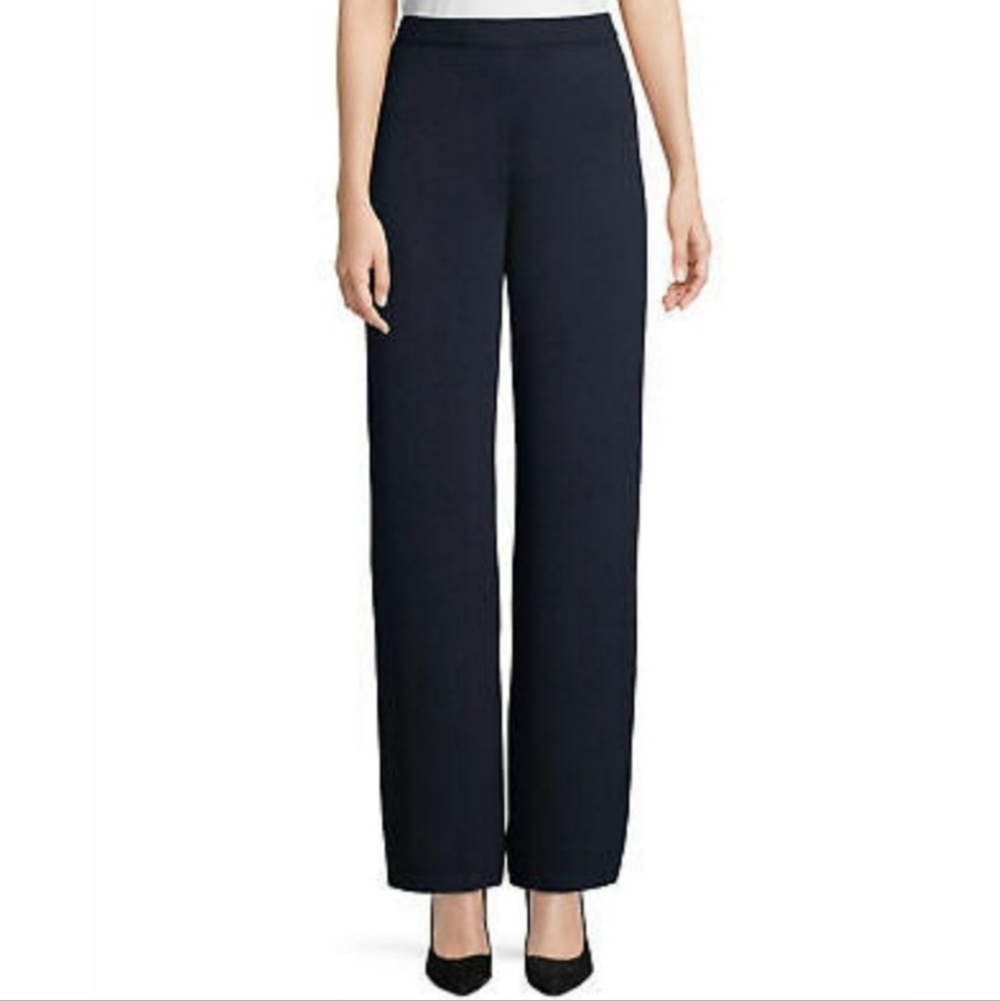St. John Basic Santana Knit Wide Leg Pull On Dress Pants Wool Blend Black Sz L